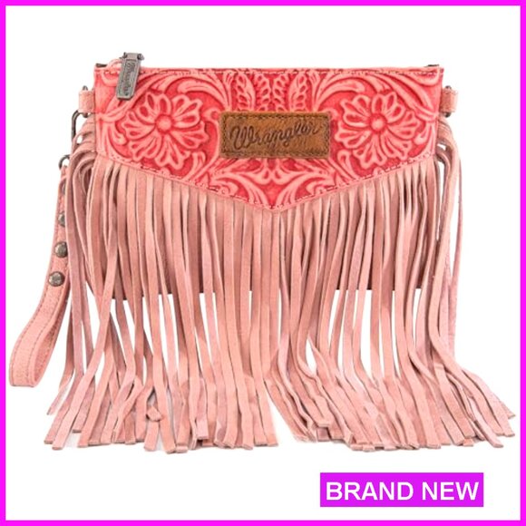 Faux Leather Crossbody Wristlet Purse with Fringe Western Style
